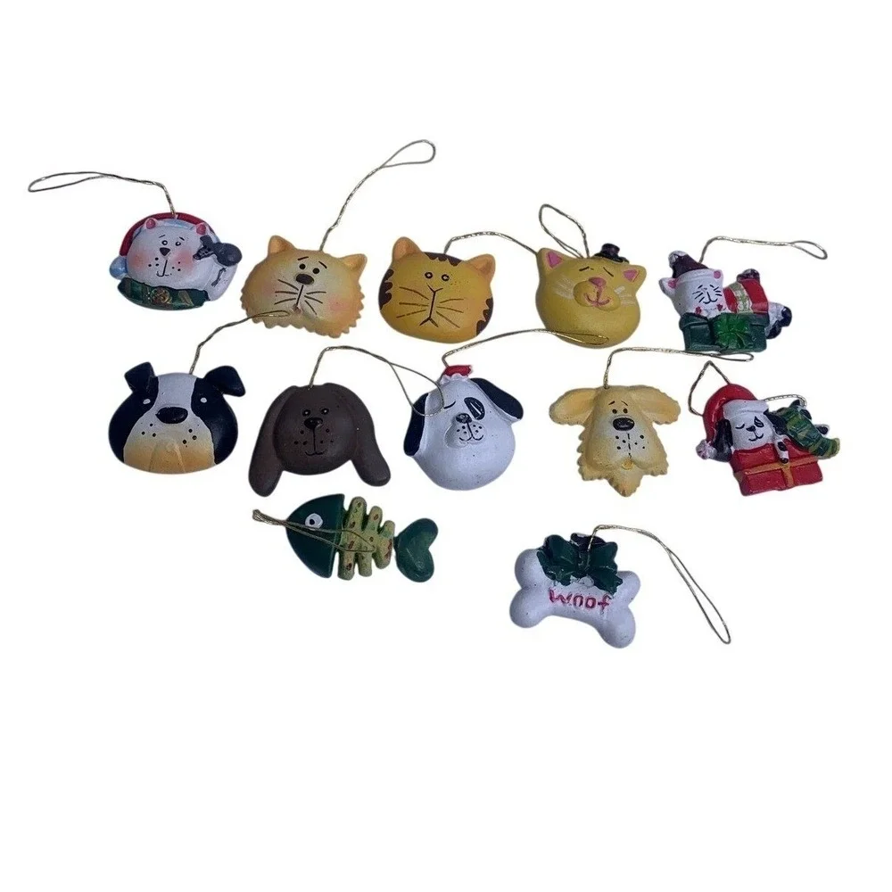 Vintage Pet Christmas Ornaments Set 12pc Resin Cat Dog Fish Bone Holiday Decor‎